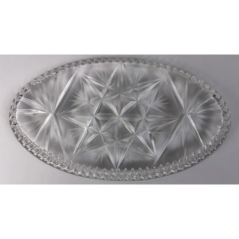 Vintage Clear Glass Oval Relish Dish Starburst‎ Pattern Scalloped Edge Tray
